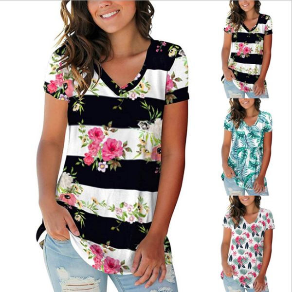 

2021 summer european and american new v-neck printing short sleeve loose women's t-shirt, White
