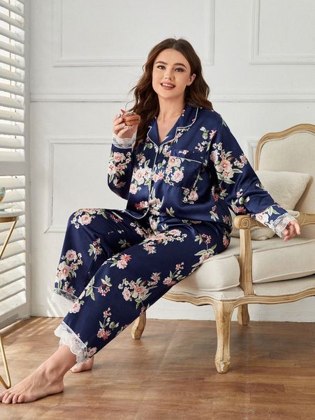 

plus floral print lace trim contrast piping satin pj set b3oo#, Black;white