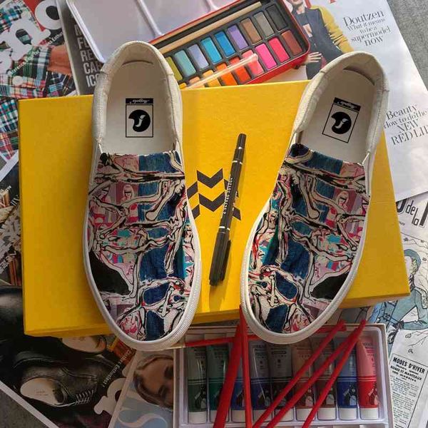 

luxury custom shoes casual slip-on men canvas sneaker oil painting custom own shoes handmade flat rubber sole yellow all-match fashion shoes