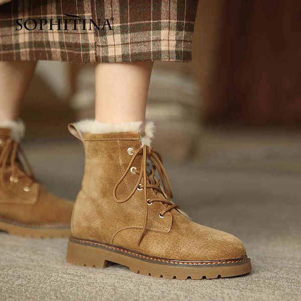 

sophitina winter warm ankle martin boots woman suede fur plush insole roudn toe low square heel flat shrot boots shoe po902 210513, Black