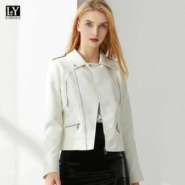 LY VAREY LIN Primavera Autunno Motor Biker Jacket Donna Bianco Casual Ladies Outwear in pelle Fashion Zipper 210526