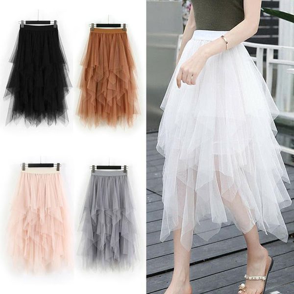 

fashion asymmetrical high waist women skirts ruffles mesh tutu tulle long midi skirt black white pink