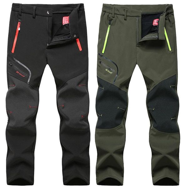 

winter fleece waterproof trousers for men thick outdoor sport pants climbing clothing warm elastic waist, Black