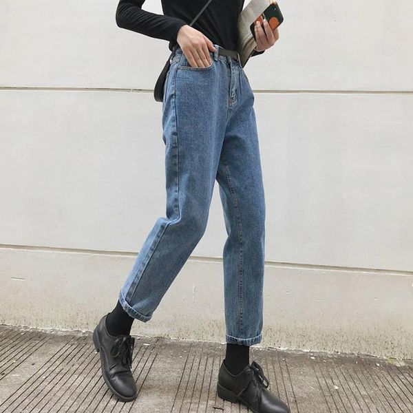 

harajuku korean high waist women jean coated solid belt harem pants loose casual streetwear denim trousers femme, Blue