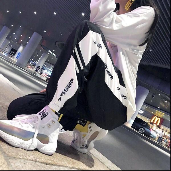 

womens capri casual baggy black pants sweatpants joggers patchwork striped sweat print high waist trousers streetwear women, Black;white
