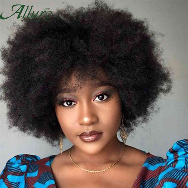 

fluffy afro kinky curly wig for black women remy brazilian human hair short sassy wigs natural brown burgundy allure, Black;brown