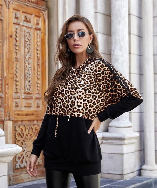 

women's hoodies & sweatshirts women 2021 autumn leopard patchwork hooded sweatshirt casual loose pullover jacket trendy streetwear, Black