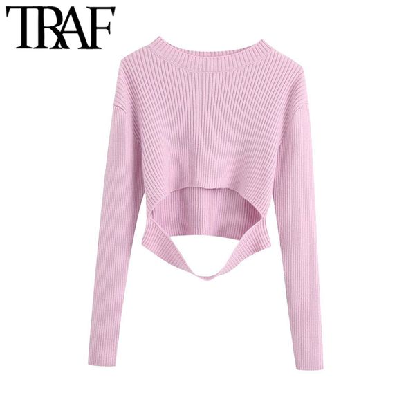 

traf women fashion hollow out cropped knitted sweater vintage o neck long sleeve female pullovers chic 210415, White;black