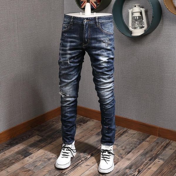 

men's jeans european vintage fashion men retro blue slim ripped streetwear painted designer casual denim pants