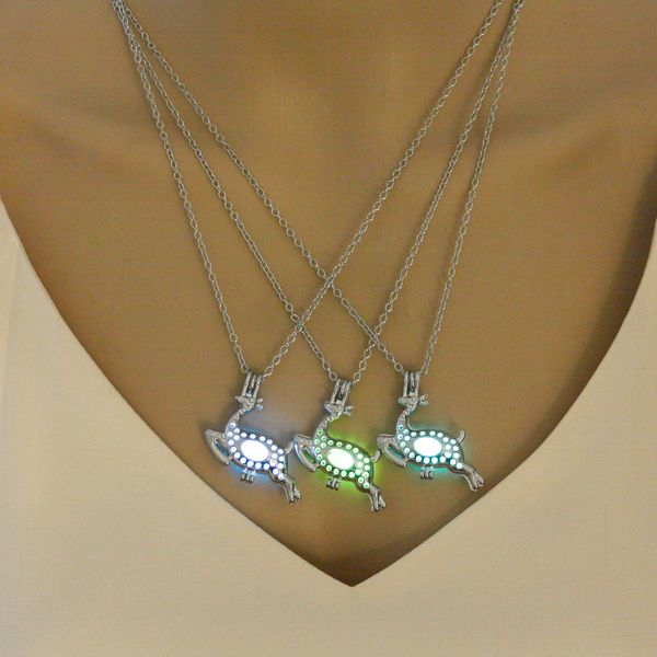 

luminous animal deer sliver plated necklaces women hollow glowing blue green pendant necklace glow in the dark jewellery gifts, Silver