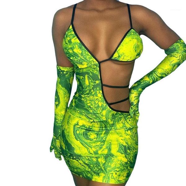 

casual dresses women hollow out v neck halter dress with gloves summer bodycon mini printed chic streetwear evening party club, Black;gray