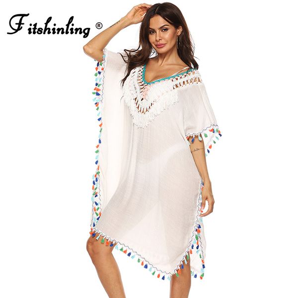 

fitshinling baless bohemian beach dress swimwear transparent bikini cover up handmade crochet white fringe summer pareo