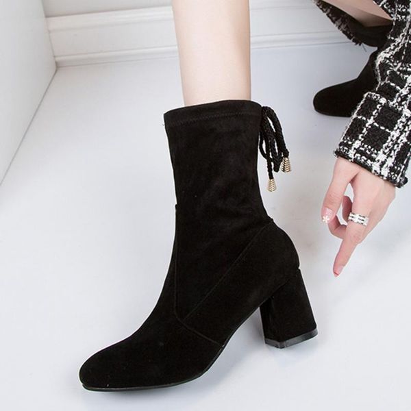 

boots women autumn winter fashion casual solid slip on short ankle high heel shoes color lace-up, Black