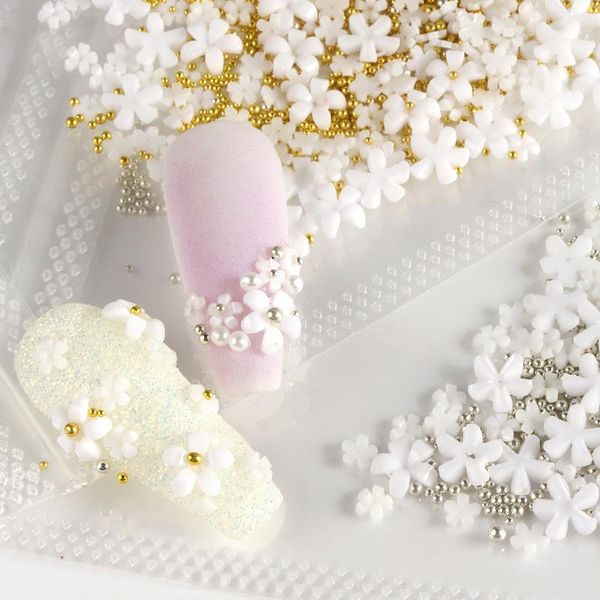 

nail art decorations white pink flower golden nails pearl design cute 3d charms deco manicure ornaments rhinestone for acrylic, Silver;gold