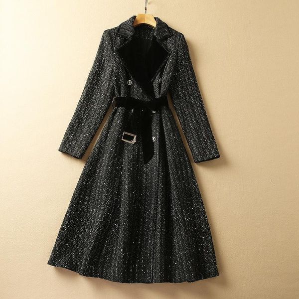 

women's wool & blends european and american clothing winter 2022 long-sleeved suits with belts fashion sequined tweed long coat xxl, Black