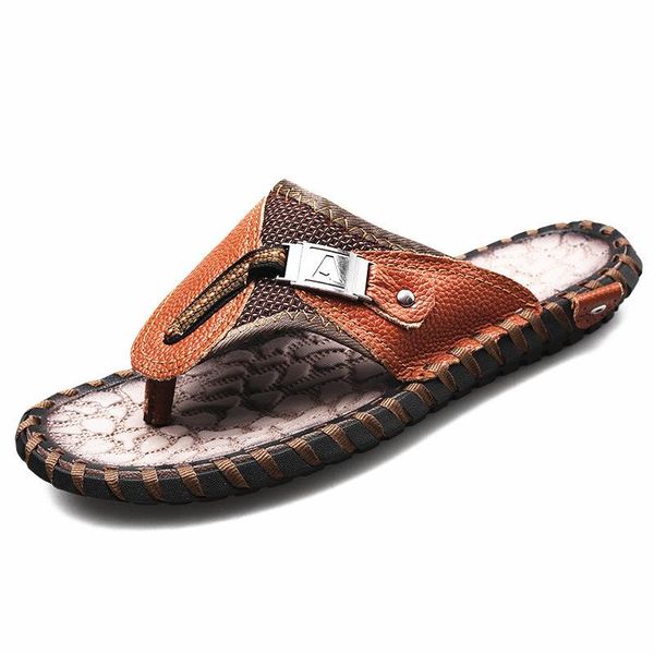 

slippers summer shoes men genuine leather beach mens flip flop male flops, Black