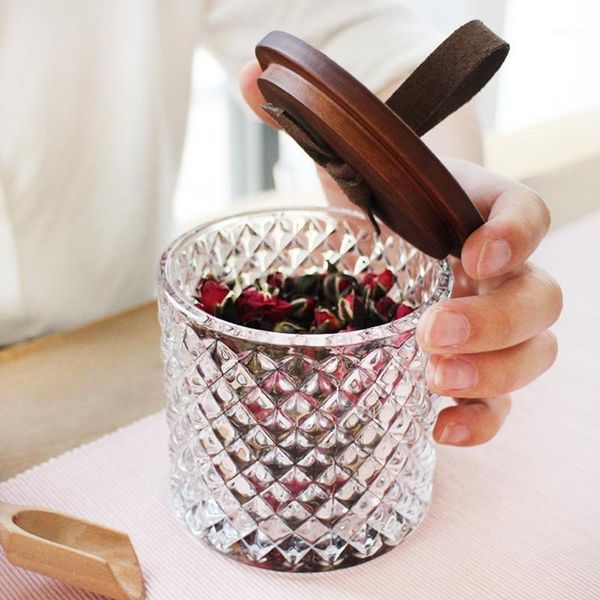 

storage bottles & jars modern diamond pattern glass jar with wooden lid handle household coffee tank tea spice clear bottle kitchen containe