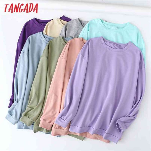 

tangada women candy color soft cotton sweatshirts oversize long sleeve o neck loose pullovers female 6l1 210813, Black