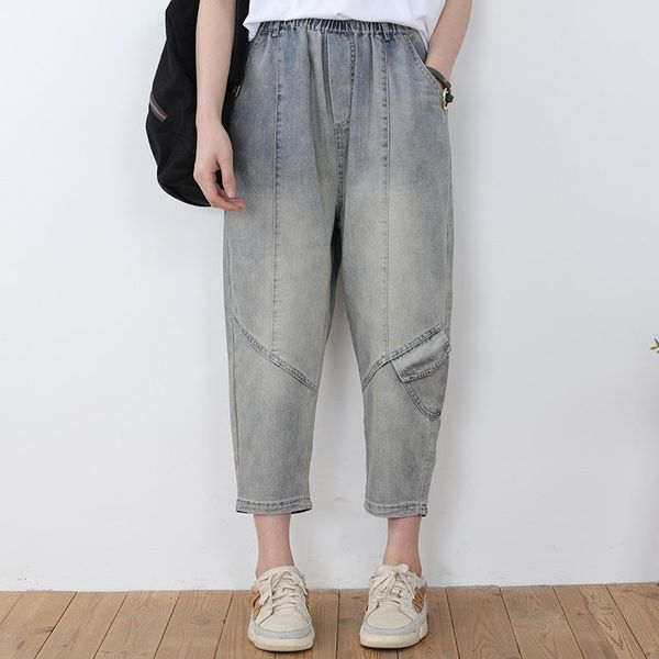 

women's jeans loose denim women spring summer vintage patchwork pockrts bleached fashion wild ankle-length trousers, Blue