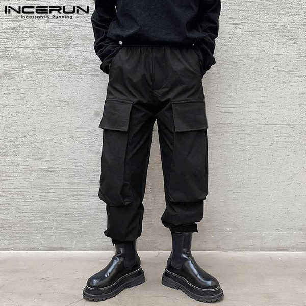 

men cargo pants solid joggers loose pockets drawstring fashion trousers workout streetwear casual s-5xl incerun men's, Black