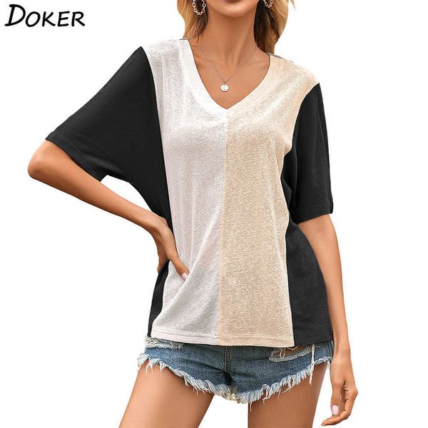

summer v neck contrast color patchwork short sleeve women t shirt casual loose plus size female streetwear 210604, White