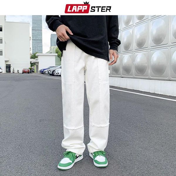 

men's jeans lappster men patchwork baggy causal pants 2021 mens y2k japanese streetwear denim trousers male vintage kpop fashion, Blue