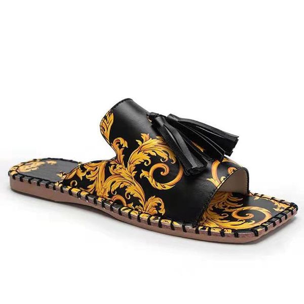 

women's sandals fashion tassels summer shoes beach slides retro print for women flat slipper outdoor gold slippers, Black