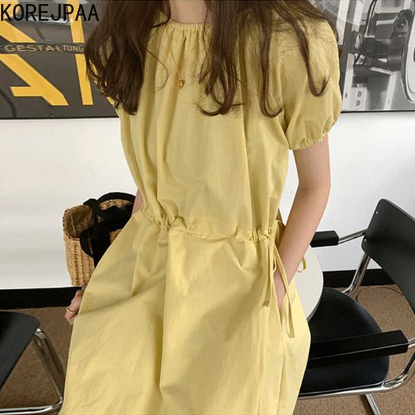 Korejpaa Frauen Kleid Sommer Koreanische Chic Sanfte Zitronengelb Rundhals Plissee Design Hohe Taille Tasche Puff Sleeve Vestido 210526