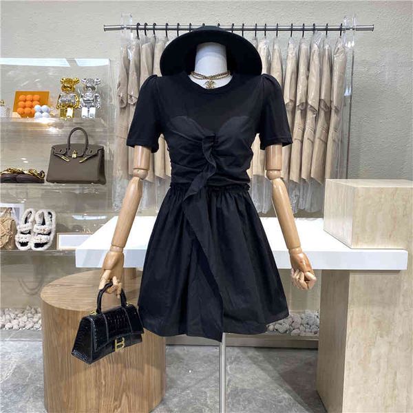 

niche design two fashion dresses sew wooden ear edge dress waist, Black;gray