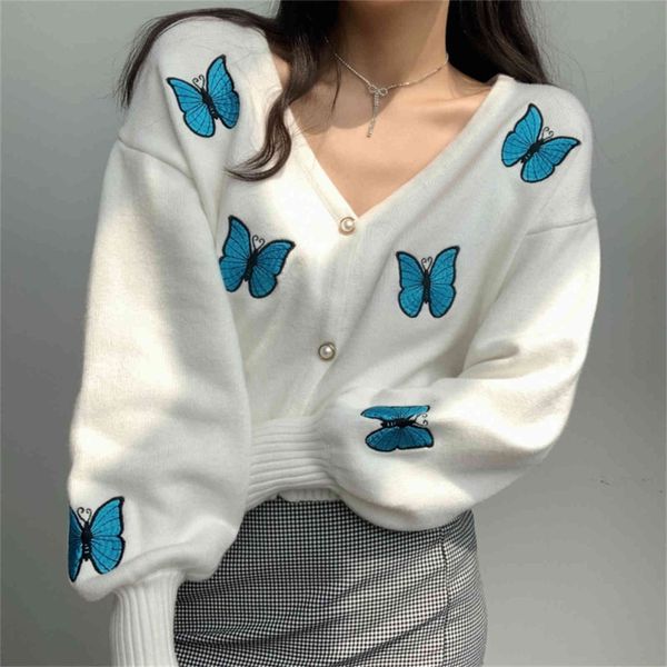 

women's knits & tees sweater knitted with embroidered butterflies, loose casual autumn blouse, r6io, White