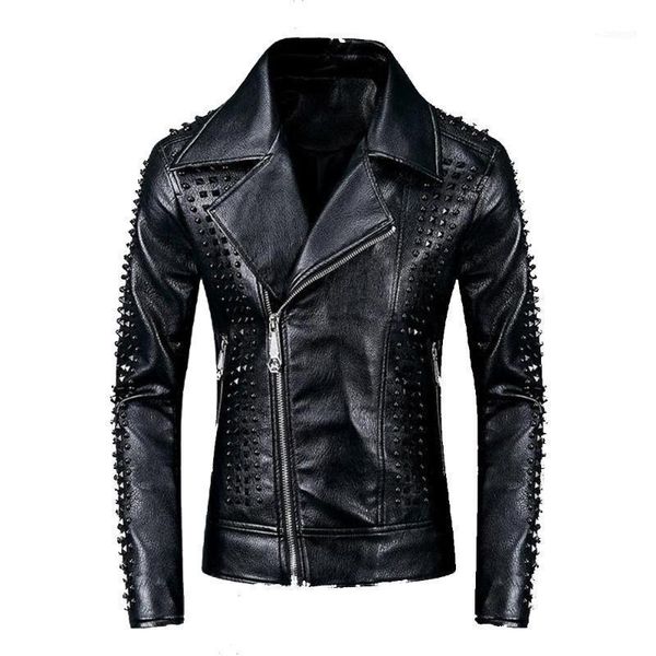 

men's fur & faux autumn winter men slim retro punk jackets male studs pu leather lapel collar outerwear zipper rivet casual bomber coat, Black