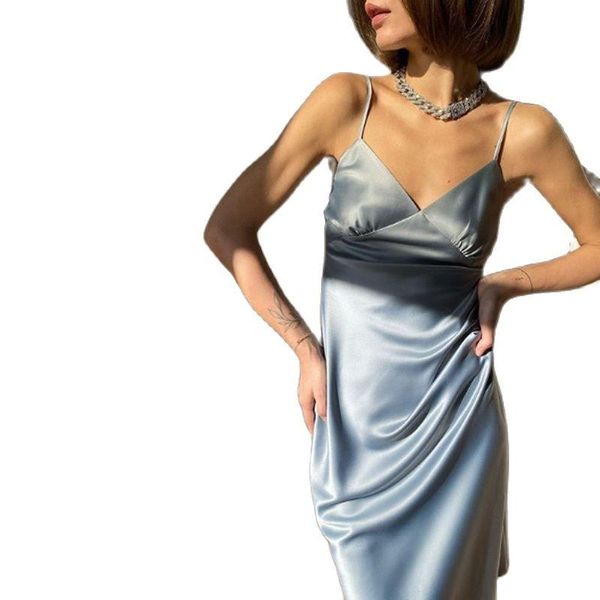 

casual dresses 2021 women satin deep v neck dress solid straight pajamas party elegant female summer spaghetti strap, Black;gray