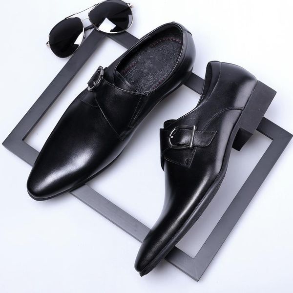 

dress shoes fashion italian men autumn classic leather formal shoe wedding strap buckle oxford big size hv-028, Black