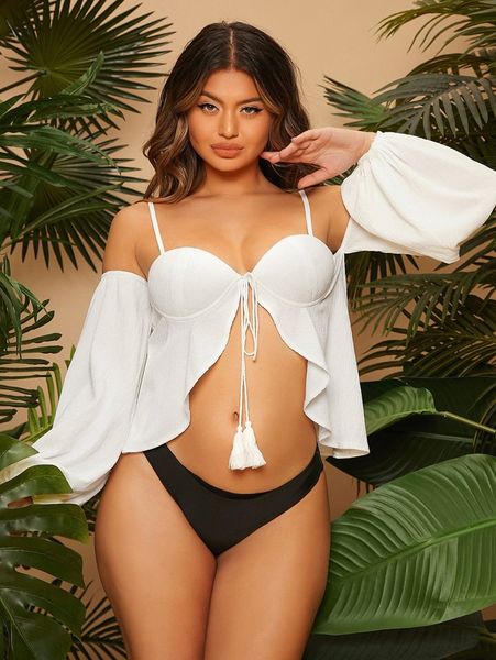 

sxy cold shoulder fringe detail 94vz#, White