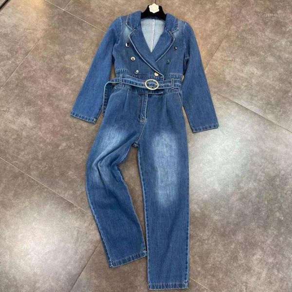 

women's jumpsuits & rompers deat 2021 spring arrivals turn down collar double breasted buttons blue denim with belt women ml502, Black;white
