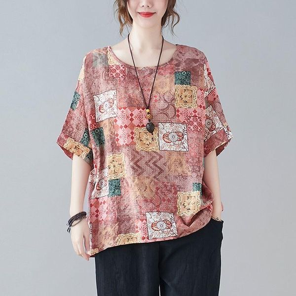 

women's t-shirt women summer cotton linen casual t-shirts arrival 2021 vintage style o-neck print loose female short sleeve tees s3812, White