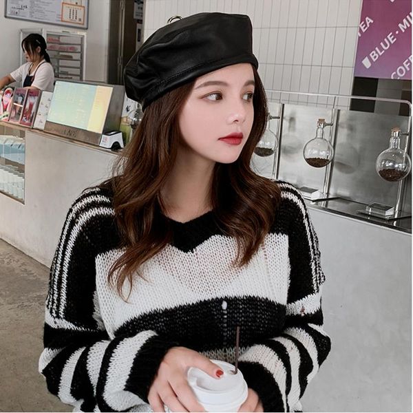 

berets 2022 women's hat real leather french artist beret cap fashion for women girls soft painter, Blue;gray
