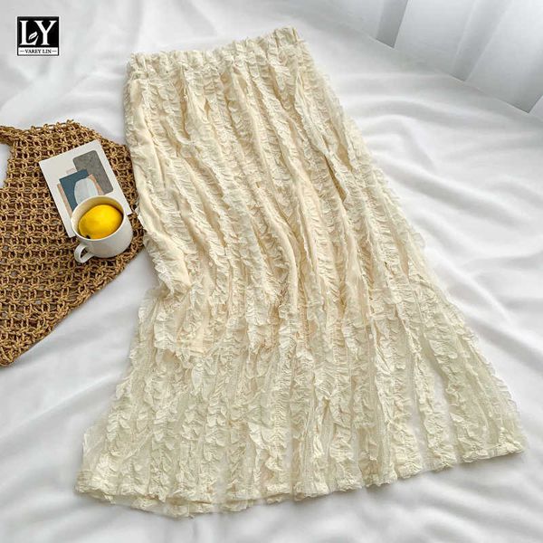 

ly varey lin summer women casual edible tree fungus a-line mid length skirt sweet solid color high waist wave point gauze 210526, Black