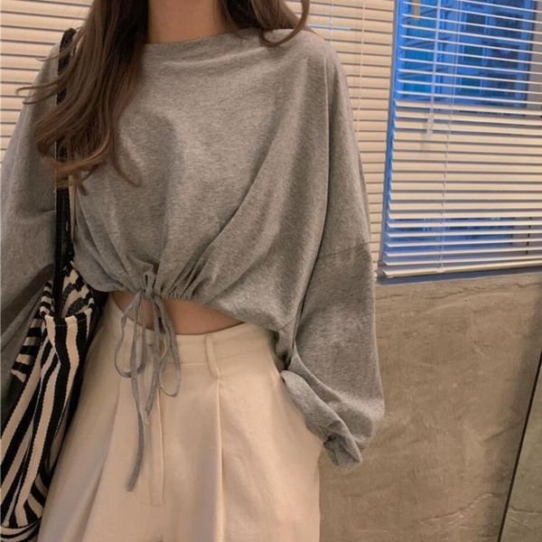 

women's t-shirt liscn high waist cropped short loose drawstring long-sleeve cotton female 2021 early spring student for womens, White