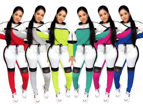 

women's two piece pants h728 european and american autumn winter fashion casual mesh stitching suit, White