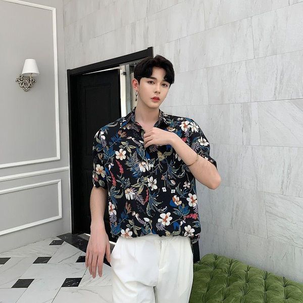

/ men's wear summer short sleeve chiffon printting shirt for male 2021 korean thin style loose 9y2959 casual shirts, White;black