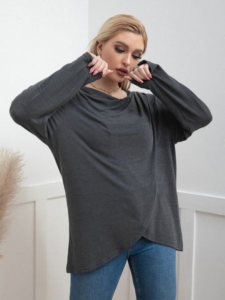

plus draped collar wrap tee l8ab#, Black