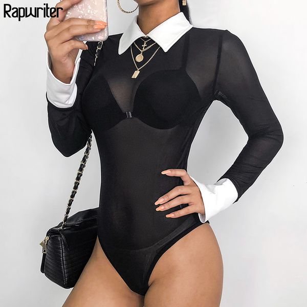 

rapwriter transparent mesh panelled skinny turn-down collar bodysuits women 2021 summer long sleeve open crotch bodysuit, Black;white