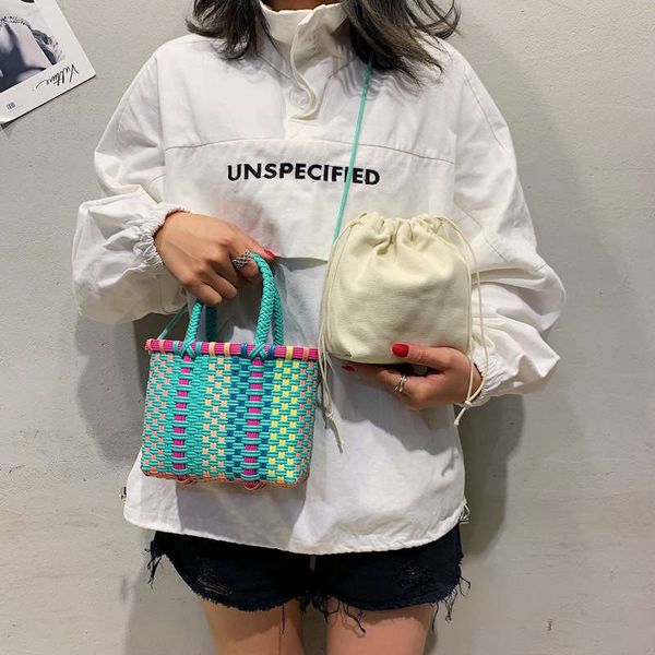 

hbp 21ss women straw woven bag handmade fresh straw bag contrast color woven shoulder portable holiday beach bag