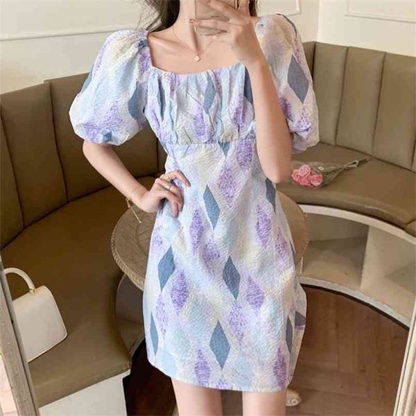 

vintage dress casual plaid print puff sleeve high waist ruched sweet chiffon female summer fashion vestidos 210519, Black;gray