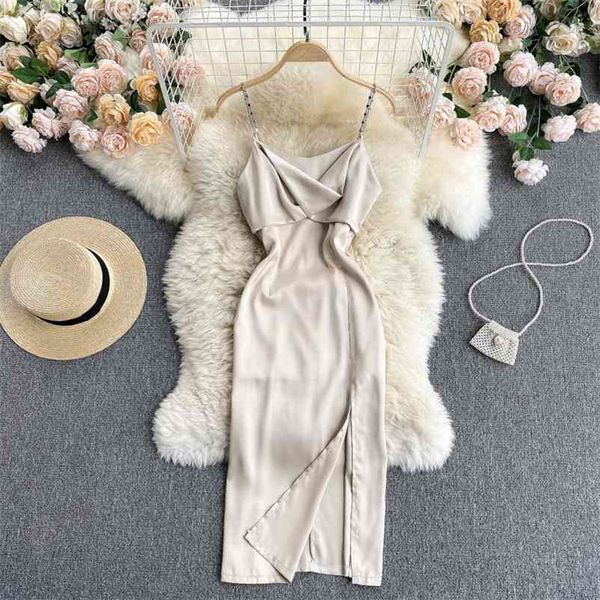 

summer women spaghetti straps asymmetric slim split dress female birthday party dresses 210519, Black;gray