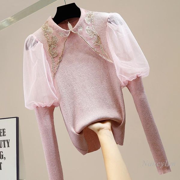 

women's sweaters vintage puff sleeve mesh stitching sequin embroidery bright silk slim temperament all-match sweater lady chic knit top, White;black