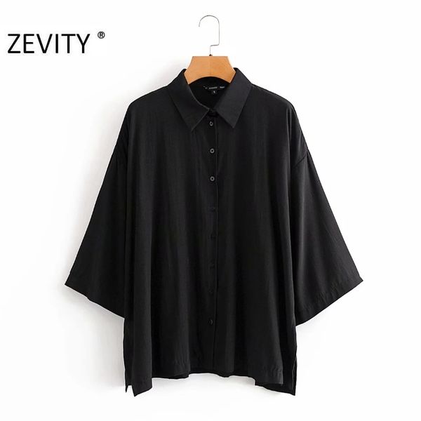 

zevity women elegant turn down collar casual loose black smock shirt blouses batwing sleeve femininas kimono blusas ls7235 210419, White