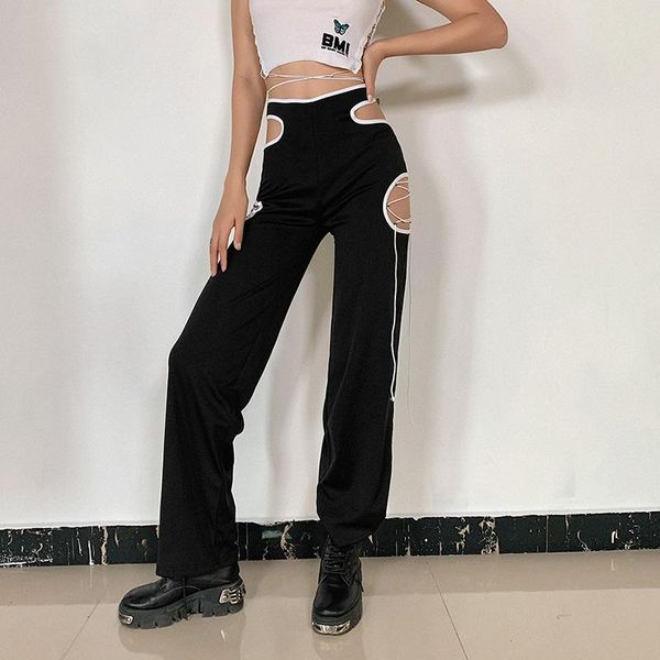 

women's pants & capris myzyqg korean women panelled bandage straight pant high waist slim hollow out fashion harajuku female trousers, Black;white
