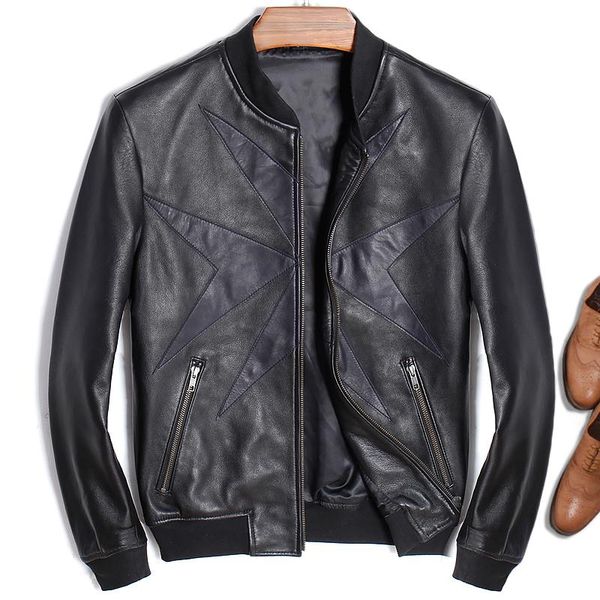 

men's leather & faux pure natural genuine sheepskin black jacket short slim-fit motorcycle suit thin coat large size